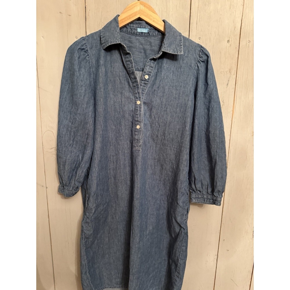 J. McLaughlin Denim Chambray Randall Shirt Dress XS 3/4 Sleeve Pockets